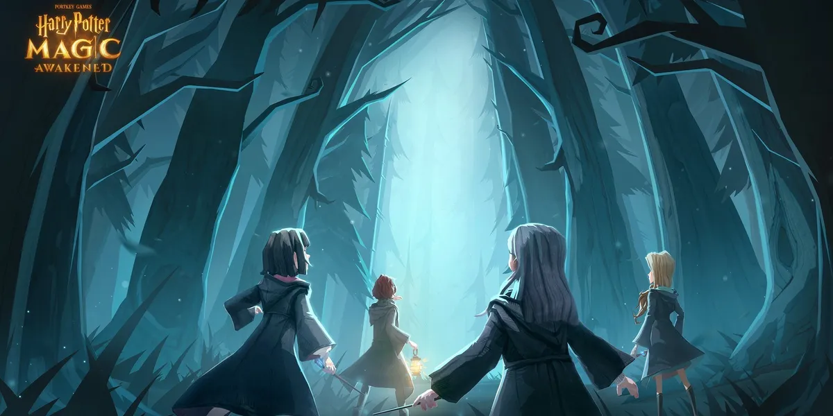 Students walking through the Forbidden Forest in Harry Potter Magic Awakened.