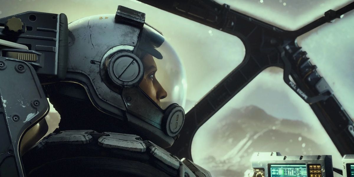 Close-up of the head of someone in a white space suit piloting a ship.