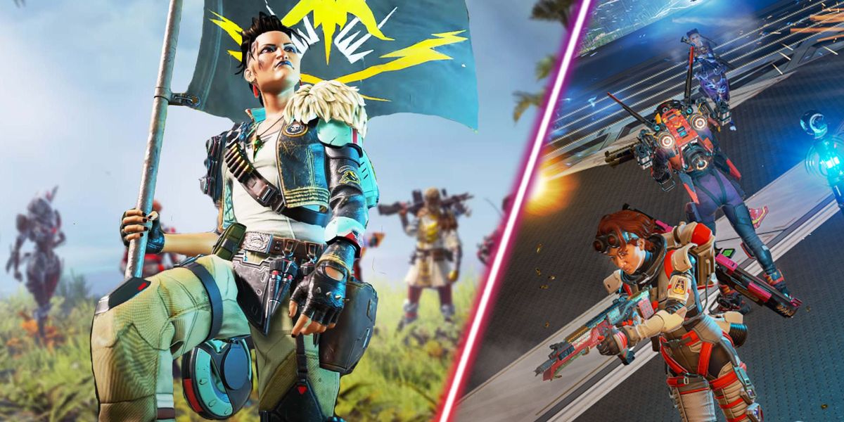 Screenshot showing Apex Legends players holding flag and Apex Legends players firing weapons while standing in a line