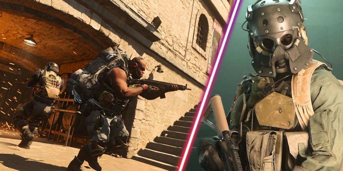 Screenshot showing Modern Warfare 2 players near a staircase and a Modern Warfare 2 player wearing an armoured mask